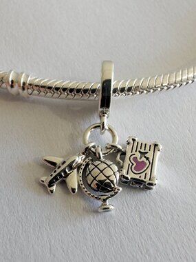 Authentic Pandora Silver Charm Airplane Globe & Suitcase Travel Dangle 799435C01